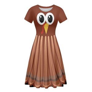 6594 Cute Turkey Dress Thanksgiving Dresses for Teachers Short Sleeve Midi